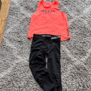 Nike Pro Black Leggings and Bright Orange Tank medium small